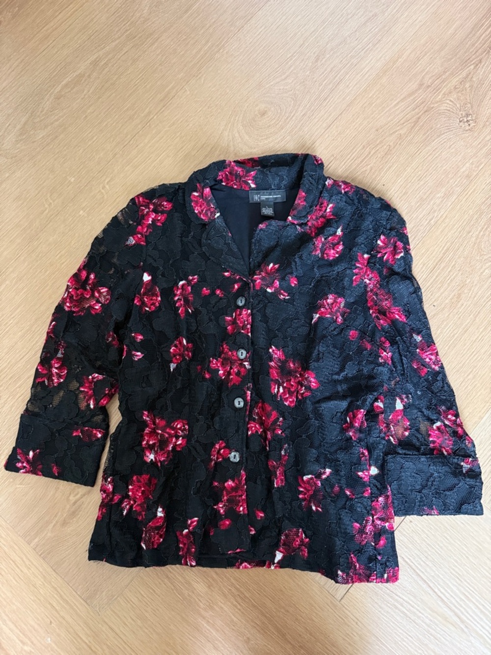 INC International Concepts Petite Black Lace Top with Red Floral Pattern